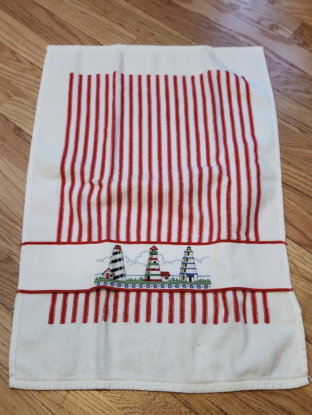 Striped Red & White Kitchen Towel with Embroidered Lighthouses Handmade